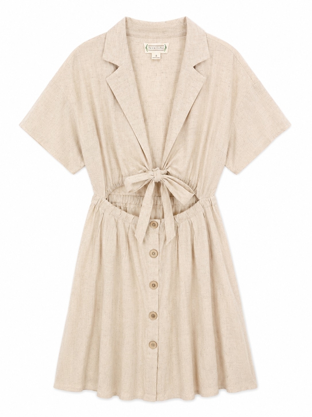 Loveriche Beige Linen Blend Tie Front Cutout Button Midi Dress Small